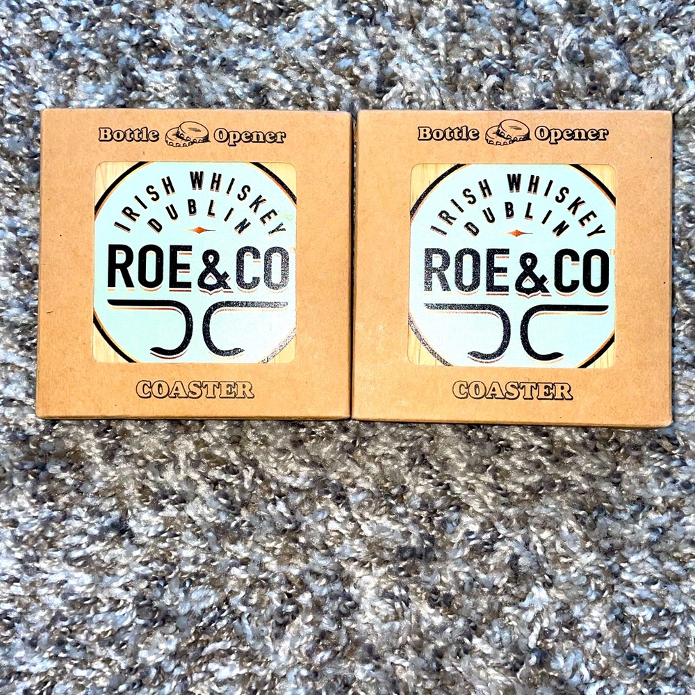 Irish Whiskey Roe & Co Coaster/Bottle Openers Lot Of Two Wooden Coasters